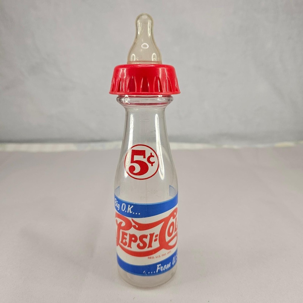 Vintage Pepsi Cola Glass Baby Bottle 5 Cent‎ Nipple  Bottling Los Angeles CA